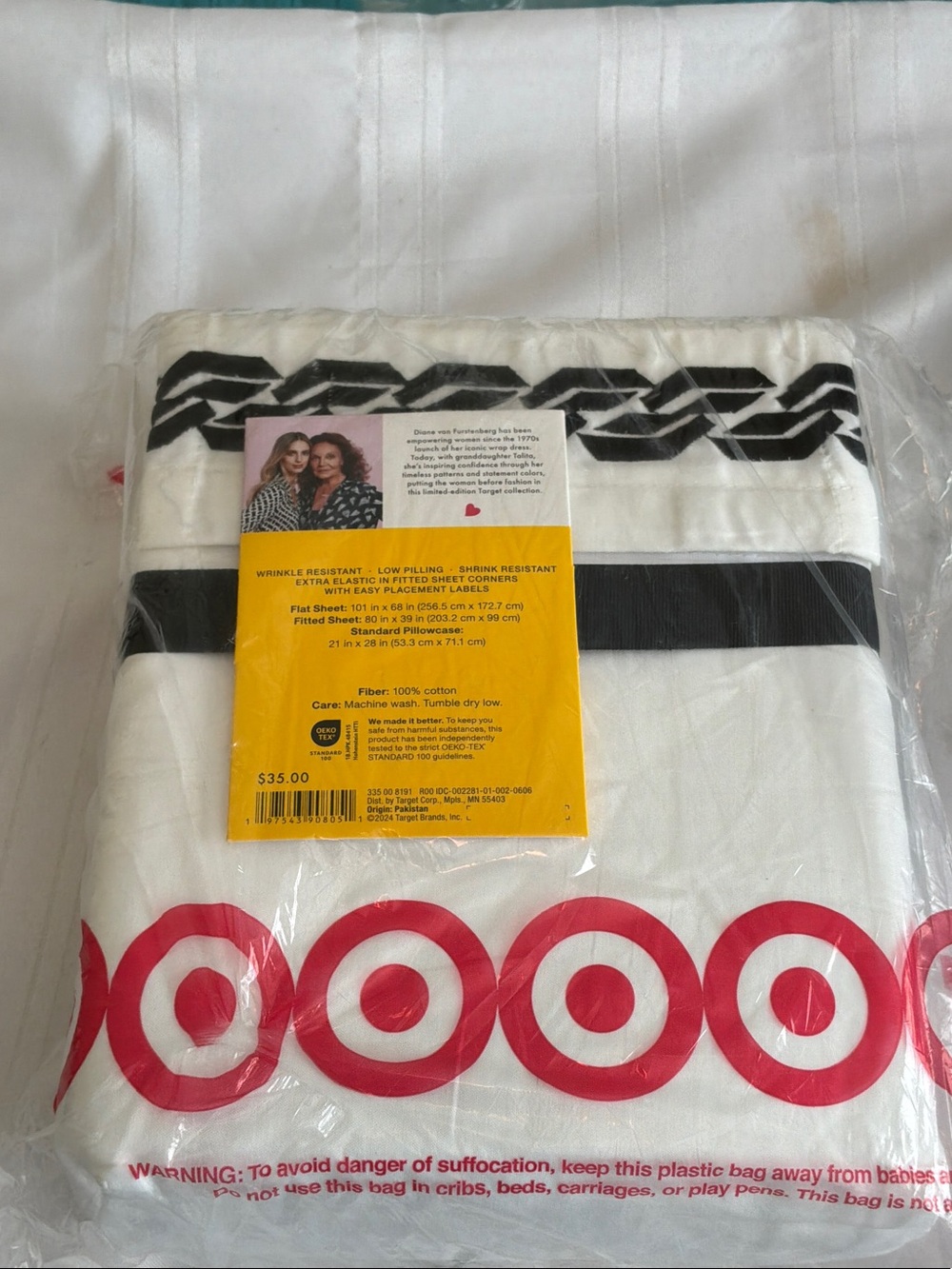 Diane von Furstenberg white twin sheet set 100& cotton with black trim new
